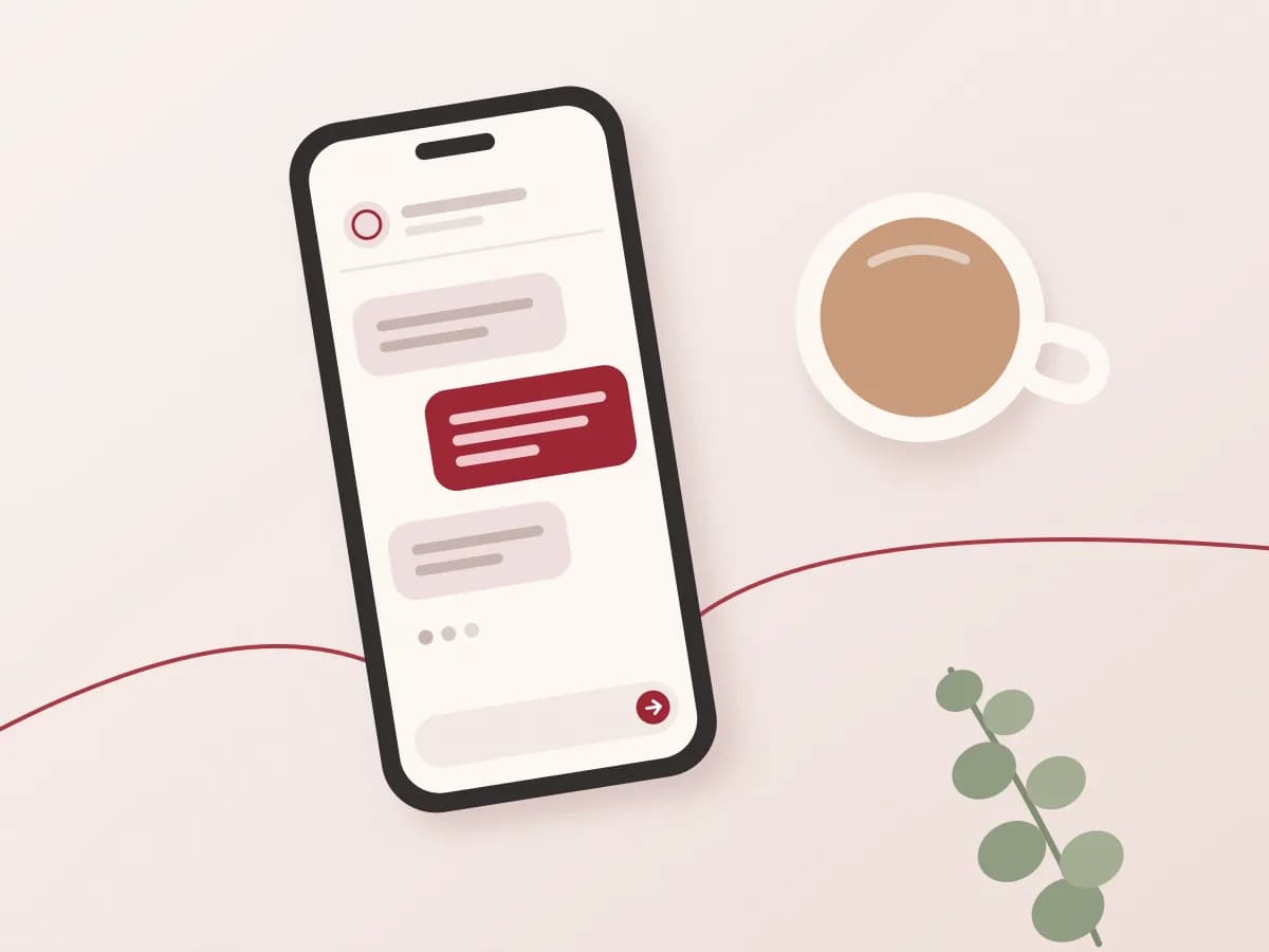 Ilustración: un teléfono con una conversación abierta junto a una taza, antes de la visita.
