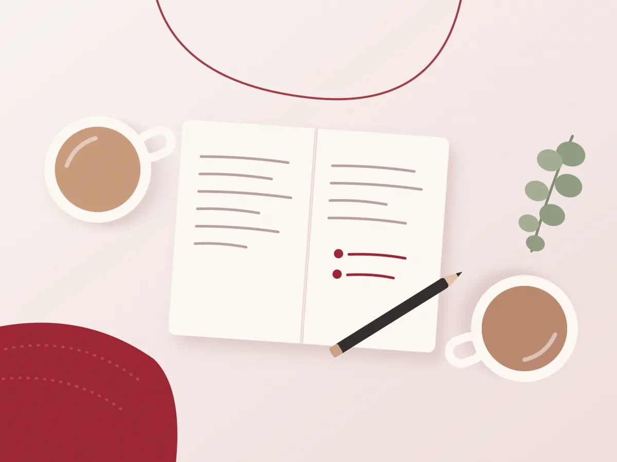 Ilustración: dos tazas frente a frente y una libreta con notas, durante la visita.